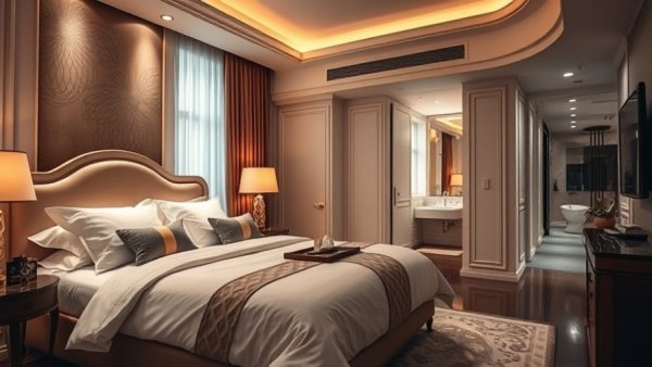 Luxury hotel room in London with elegant decor and warm tones.