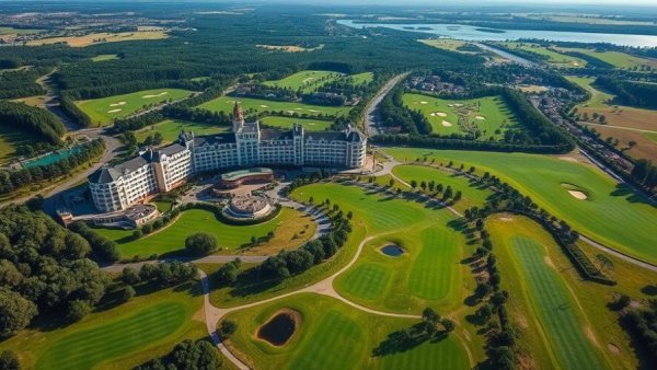 Aerial view of luxury hotel amidst golf course and greenery.