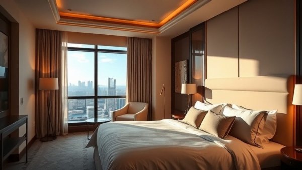 Elegant hotel room in luxury hotel, serene setup, scenic view.