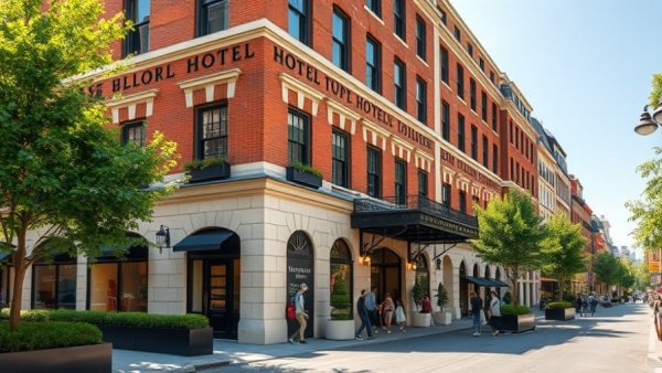 Exterior of a luxury hotel in Camden with pedestrians.