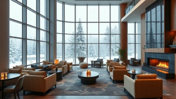 Luxury hotel lounge with modern decor and snowy view.