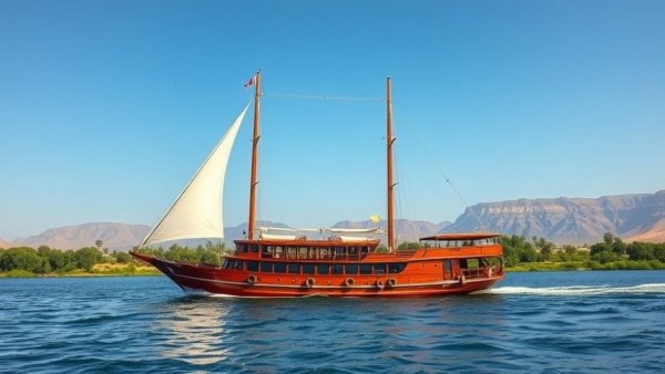 Luxury cruise boat on the Nile River in Egypt under clear skies.