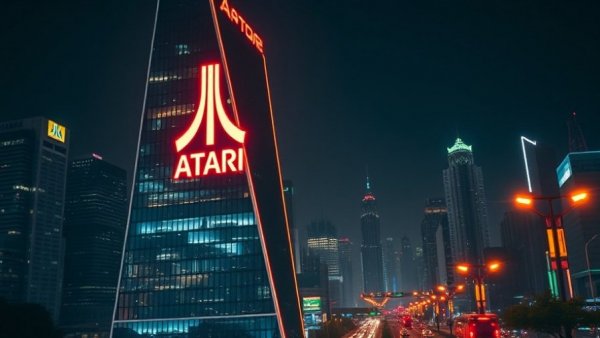 Atari Hotel with neon lights in urban night setting.