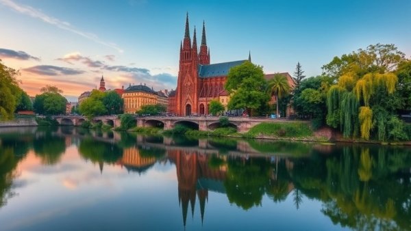 Tranquil Strasbourg riverside at twilight, highlighting a cathedral and lush greenery.