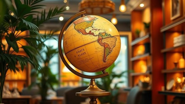 Elegant globe on brass stand with ambient lighting, perfect for luxury travel gifts.