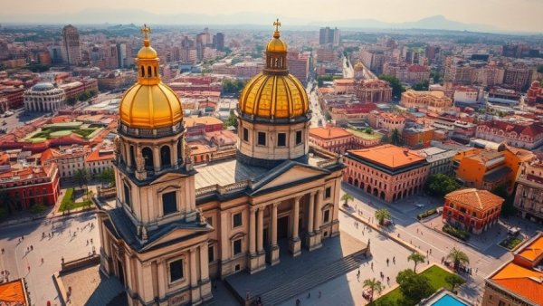 Majestic view of Basilica's golden domes in Mexico City with lively plaza, unwritten rules of visiting Mexico City.