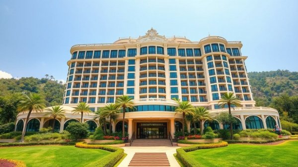 Elegant luxury hotel exterior with lush landscape, luxury hotels.