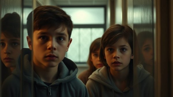 Focused teenagers in a dim hallway at Stranger Things filming location.