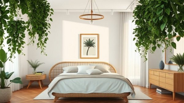 Modern bedroom showcasing 2026 design trends with rattan bed and plants.