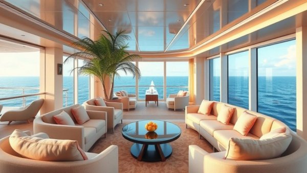 Luxury cruise lounge with ocean view and elegant seating.