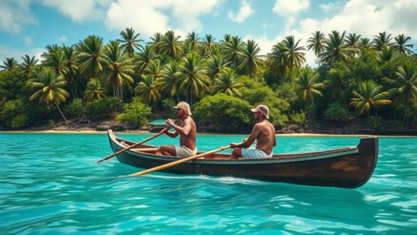 Tropical island in Panama with canoeists showcasing cultural heritage.