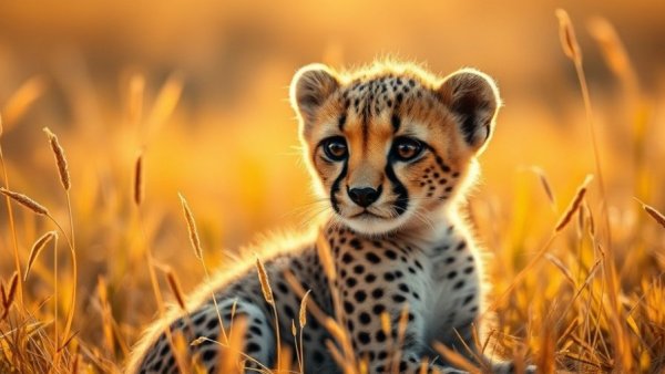 Adorable cheetah cub on Africa safari, glowing in sun.