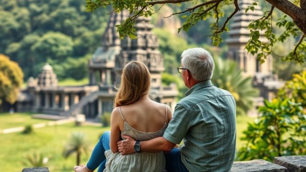 Couple at ancient site, symbolizing travel podcast.