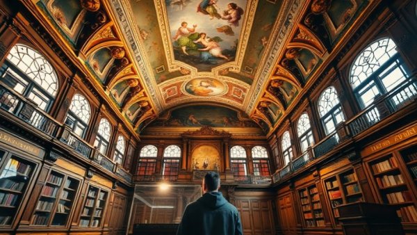 Opulent library with frescoed ceiling in UNESCO site, vibrant interior.