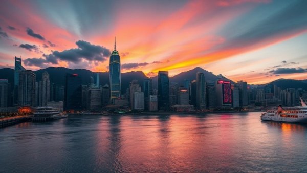 Stunning Hong Kong skyline at twilight, vibrant and serene.