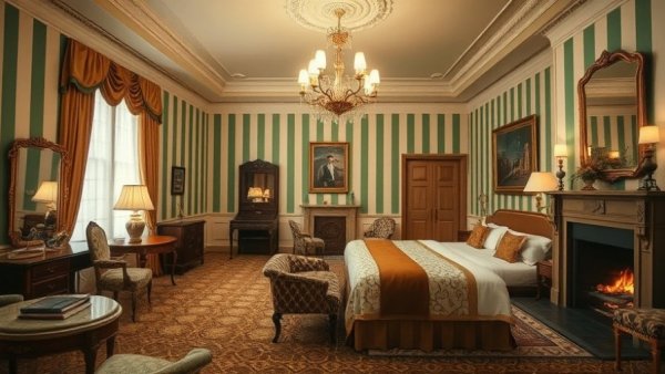 Luxurious hotel room with elegant decor and cozy ambiance.