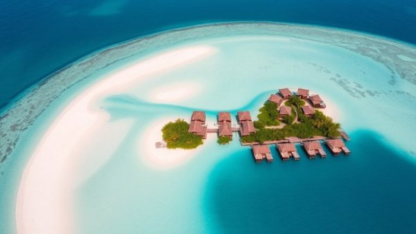 Luxurious tropical island resort with overwater bungalows and turquoise waters, epitomizing luxury hotel experiences.