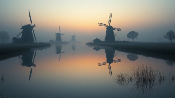 Misty sunrise with windmills reflecting on a calm Dutch landscape