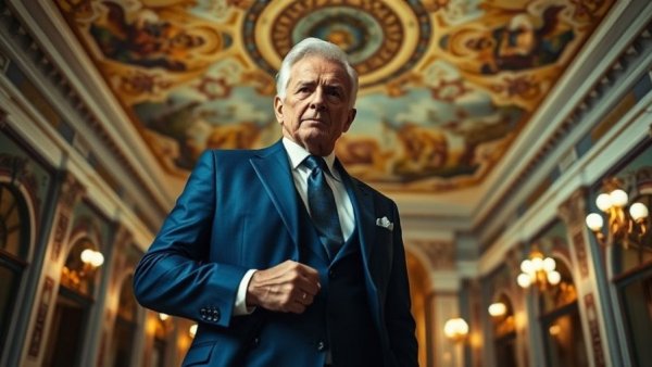 Luxury Men's Suits: Elegant man in blue suit with ornate ceiling.