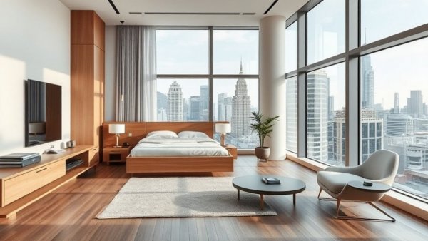 Modern hotel room with city view in exclusive boutique hotel.