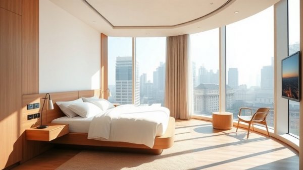 Modern luxury hotel room with city view.