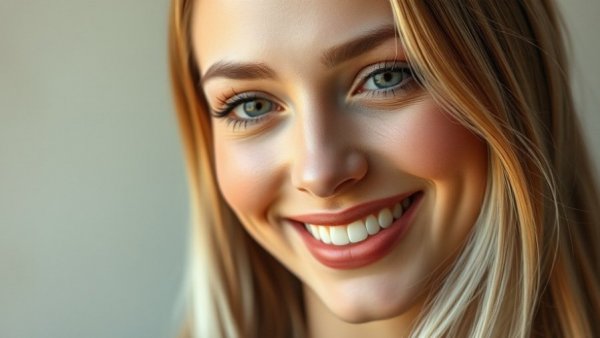 Blonde woman smiling softly, close-up in a neutral setting.