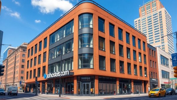 Modern a&o Hostels building in Manchester with blue sign.