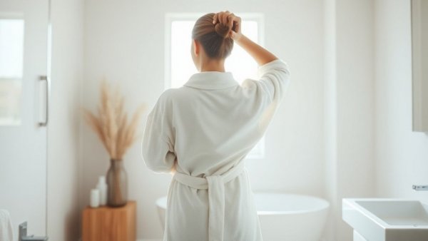 Woman establishing monthly health and wellness goals, stretching in a bright bathroom.