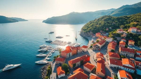 Aerial view of a luxurious coastal village with yachts and colorful buildings, showcasing luxury travel experiences.