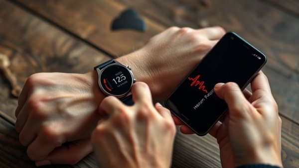 Luxury wellness devices displaying heart rate data on smartwatch and phone.
