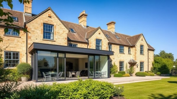 Modern extension of 19th century stone lodge Airbnb with garden