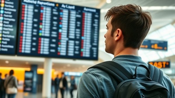 Traveler checking flights at airport, symbolizing AI vs human travel planning.