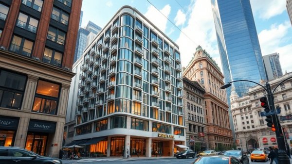 Luxury hotel with modern architecture in a busy city street