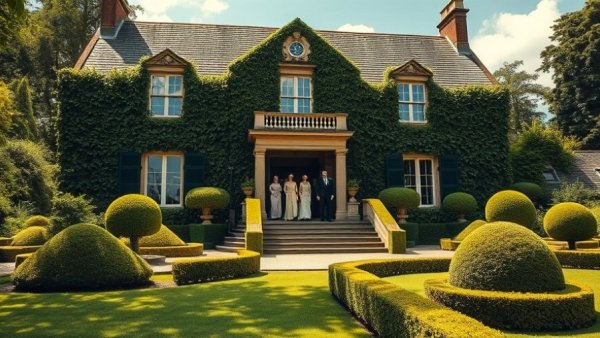 Adventure tourism B2B at an elegant ivy-covered manor with garden.