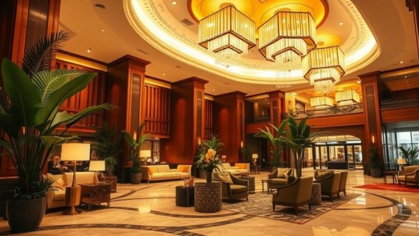Opulent luxury hotel lobby with modern decor and artistic design.