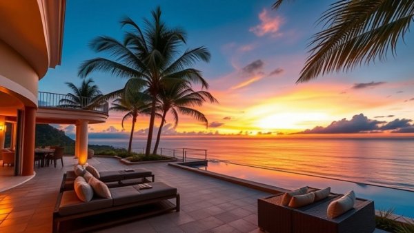 Luxury Spring Break Villas terrace with oceanside sunset view.