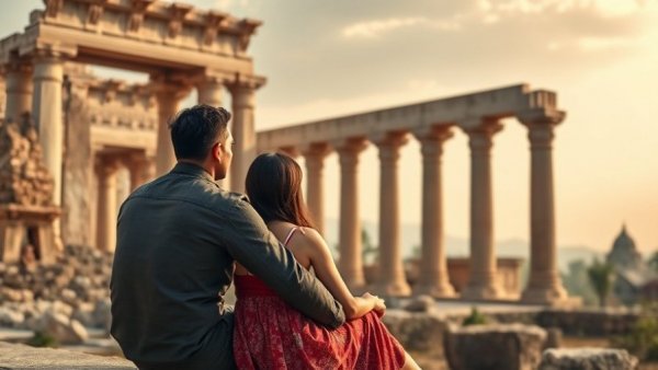 Couples travel podcast background with a serene temple view, ideal for 2026 travel New Year's resolutions.