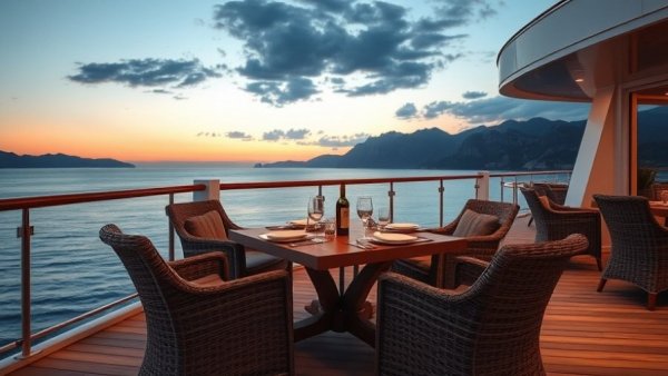 Elegant sunset dining experience onboard a luxury cruise ship.