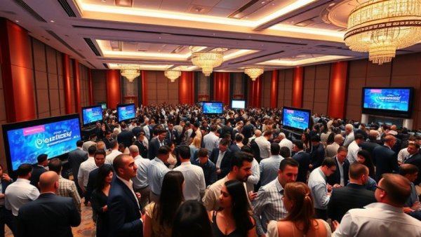 Hospitality investment forum 2026 with professionals networking in a vibrant hall.