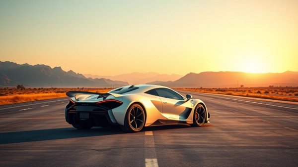 A luxury hypercar on a runway with mountains and sunset.