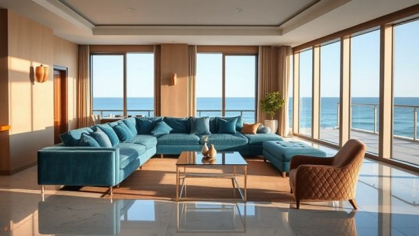 Luxury hotel lounge with elegant decor and ocean view.
