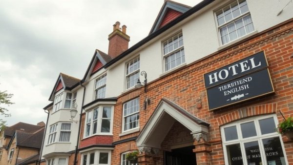Traditional hotel entrance in the UK with overcast sky.