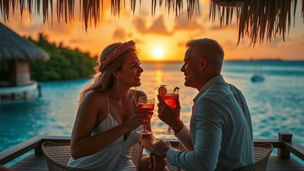 Romantic sunset toast by the ocean for a Travel Itinerary for Valentine's Day.