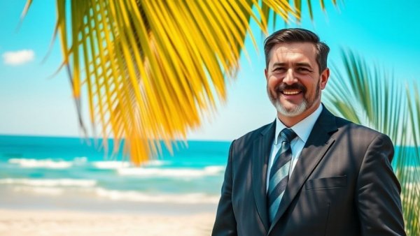 Smiling man standing by a beach mural in a suit, related to sustainable hotels.