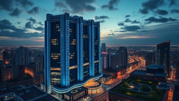 Twilight view of luxury urban hotels with blue lights