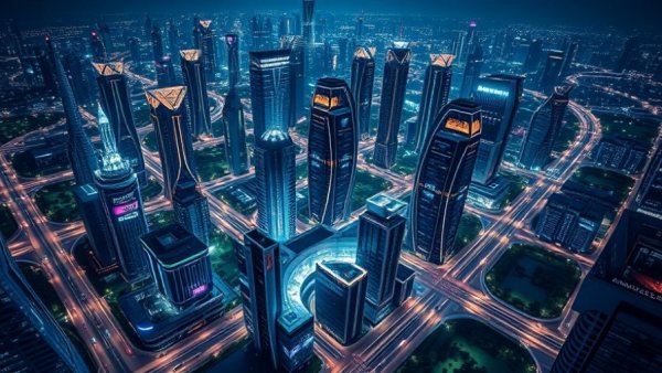 Futuristic Mercedes-Benz cityscape in Dubai, vibrant at night.
