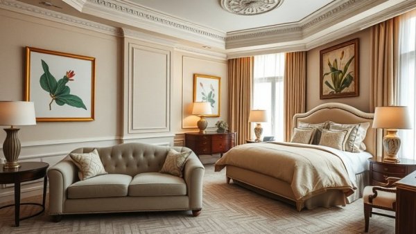 Luxurious hotel suite with elegant furnishings and natural lighting.