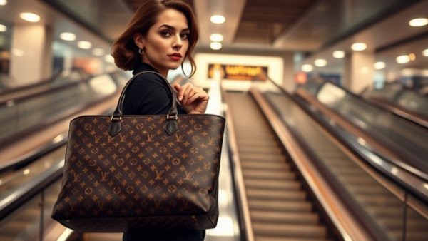 Elegant woman with a Louis Vuitton bag, urban elegance showcased.