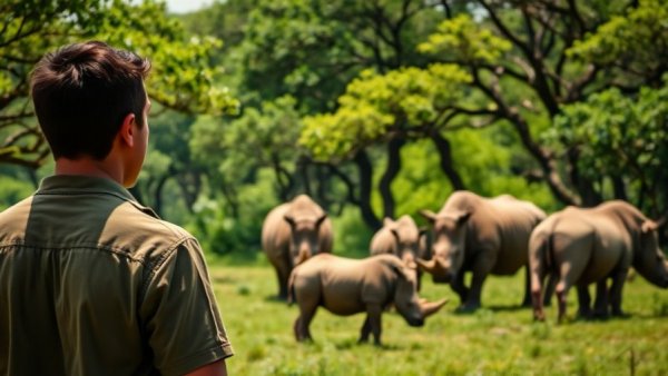 Man observing rhinos in grassy savannah on Congo Nile Trail Itinerary
