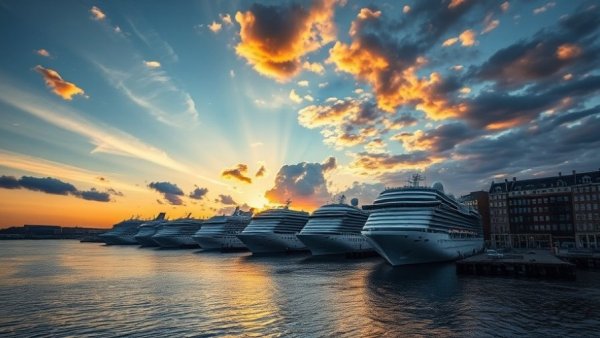 Amsterdam cruise ships at sunset, emphasizing the city's scenic harbor.